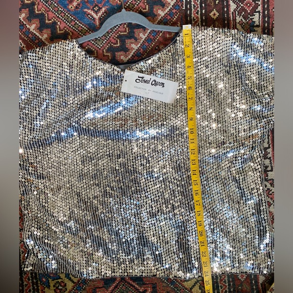 Vintage Silver Sequins Top XL 2X Deadstock Silk Boxy Crop Disco Jewel Queen - Picture 11 of 11